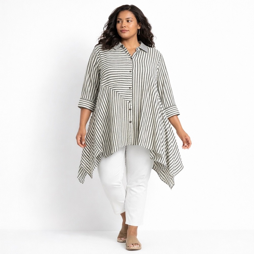 Soft Surroundings Womens‎ Grey Asymmetric Stripe Hem Tunic XL Lagenlook Coastal